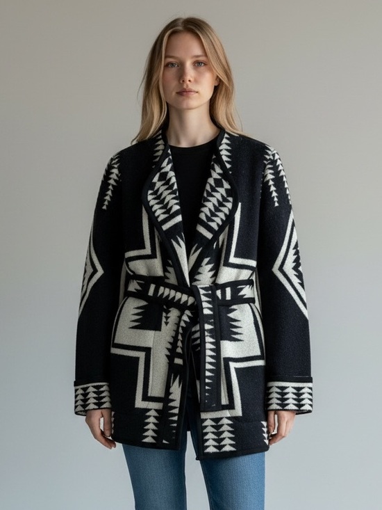 Pendleton Sweaters - PENDLETON Neskowin Wool Wrap Black & Ivory Geometric Shawl-Collar Belted Jacket